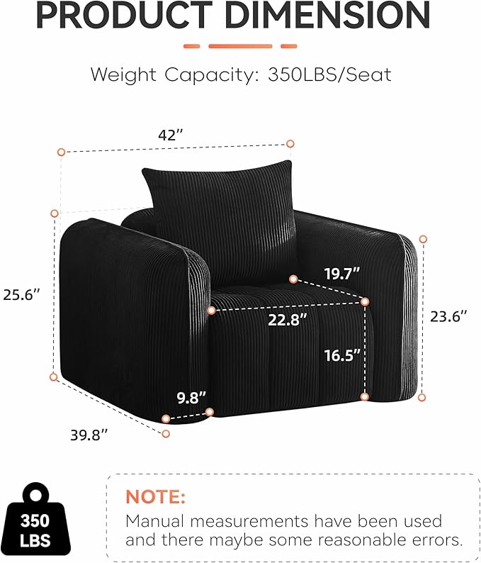 Oversized Boneless Accent Chair, Comfy Deep Seat Armchair for Bedroom, Modern Upholstered Living Room Sofa Chair with Pillow, No Assembly, Corduroy Black