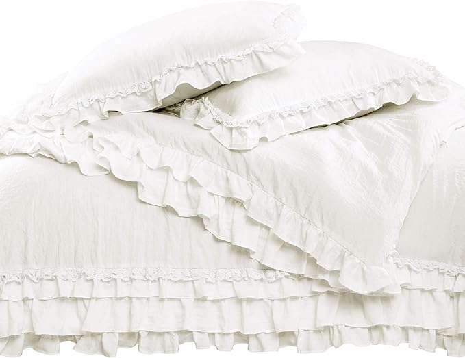 Lush Decor Ella Ruffle Lace Comforter, 3 Piece Set, King, White - Cute Comforter - King Bedding Set - White Bedding - Coquette Decor - Ruffle Trim - Lace Trim