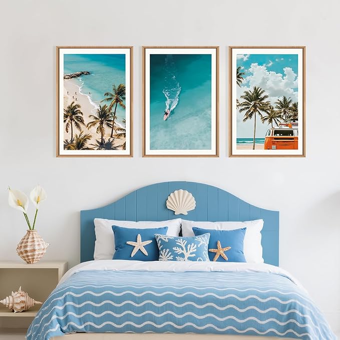 LHIUEM Large Nature Surfboard Beach Framed Canvas Wall Art,Summer Ocean Surfing Wall Decor,Palm Trees Wall Painting,Modern Picture Artwork for Living Room,Bedroom,Dining Room,Office -24"x36"x3