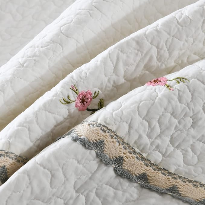 MarCielo 3-Piece 100% Cotton Oversized Bedspread Lightweight Quilt Coverlet Embroidery Farmhouse Bedding Set (Sakura White, Oversized King (118"x106"))
