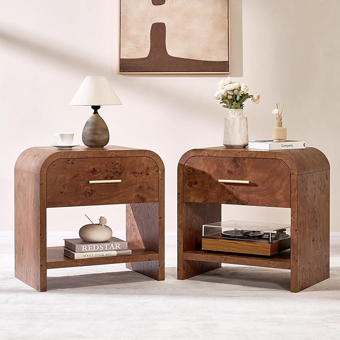 Night Stand Set of 2 [Unique Curved Profile] [FSC-Certified Wooden Board] 1-Drawer and 1 Storage Shelf Nightstand 24" H Metal Handle Modern Bedside Table Side Table End Table