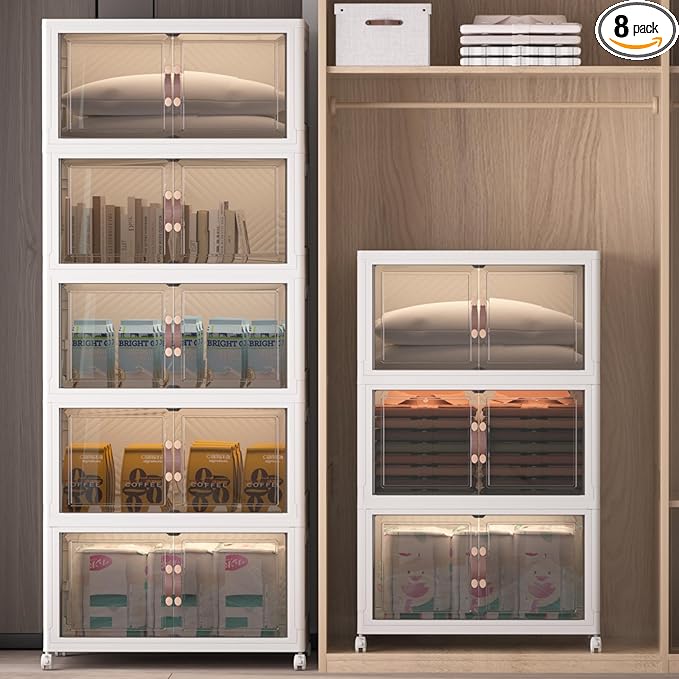 Extra Large Stackable Storage Bins with Lids & Wheels, Foldable Plastic Storage Bins (White, 960QT-120QT/30GAL*8Pack)