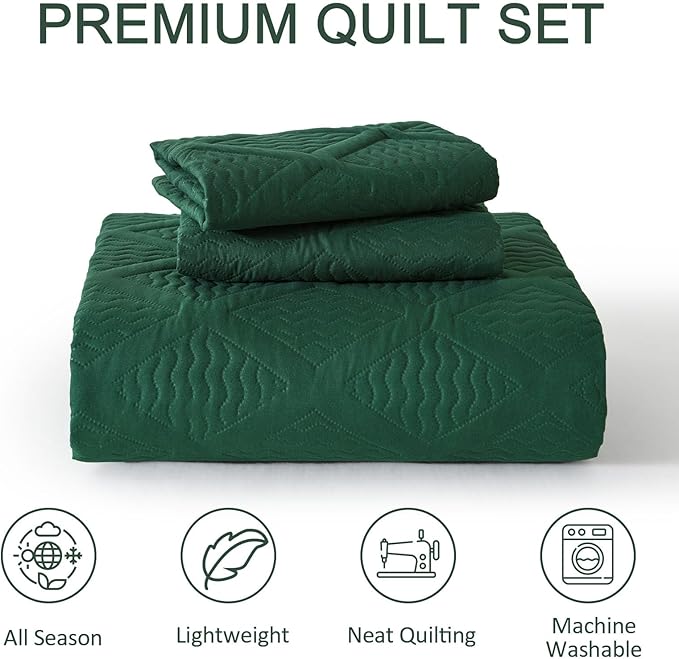 Yiran Quilts King Size, Emerald Green Spring Summer Bedspread Bedding Set, 3 Pieces Diamond Pattern Thin Lightweight Coverlet with 2 Pillow Shams for All Season 106x96 Inch