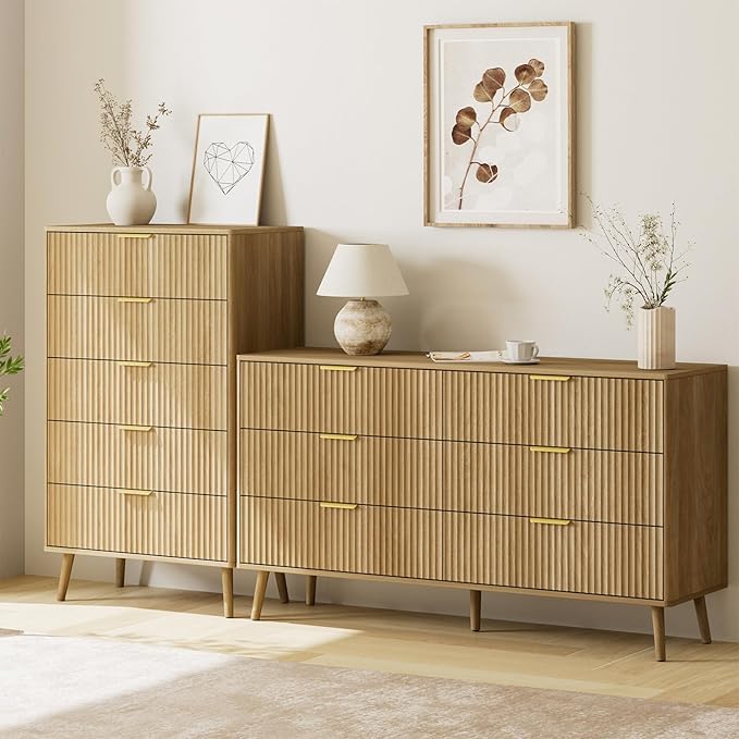 LYNSOM Fluted 5 Drawers Dresser, 45" Tall Modern Chest of Drawers with Curved Profile Design and Metal Handle, Wood Drawer Organizer for Bedroom, Living Room, Hallway, Entryway, Oak