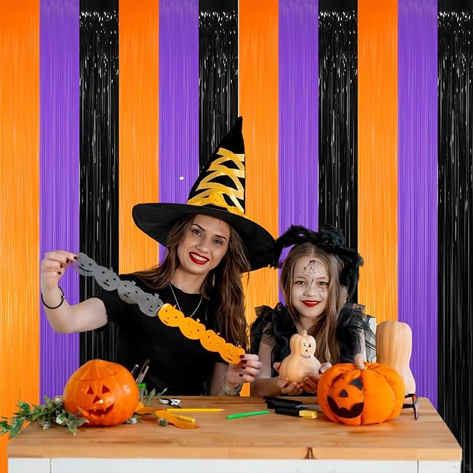 GOER 3.2 ft x 8.2 ft Metallic Tinsel Foil Fringe Party Backdrop for Halloween Birthday Graduation New Year's Party Decorations(5 Packs,Black&Orange&Purple)