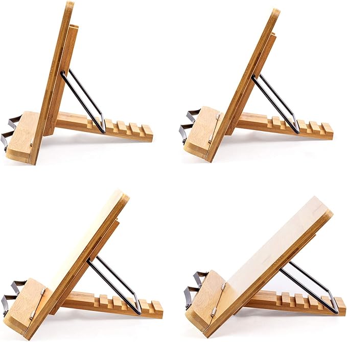 Large A+ (15.4 x 11) Inch XL Bamboo Book Stands & Holders for Reading Hands Free in Bed,Cookbook,Textbook,Law,with 6 Adjustable Height Document Stand