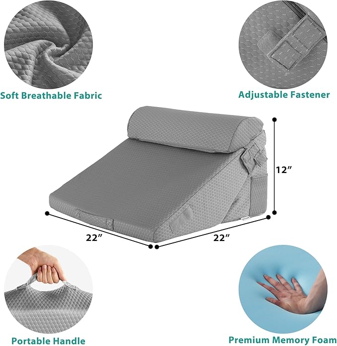 Bedluxe 3Pcs Orthopedic Bed Wedge Pillow Set, Foam Wedge Pillow Post Surgery for Back, Leg and Knee Support, Adjustable 9&12 Inch Folding Triangle Pillow for Sleeping, Acid Reflux, Snoring, Grey