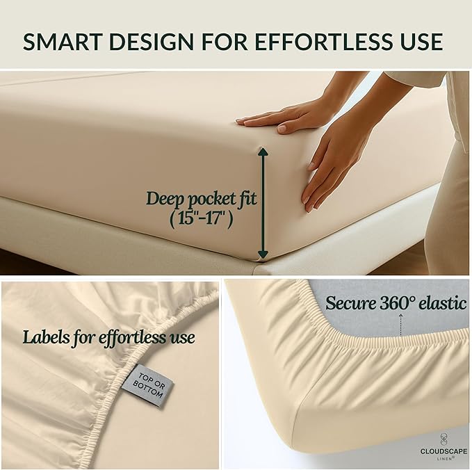 Cloud Scape Linen 100% Egyptian Cotton King Sheets Set – 400 Thread Count, 4-Piece Soft Hotel Quality Bedding Set,Deep Pockets up to 16”, Ivory