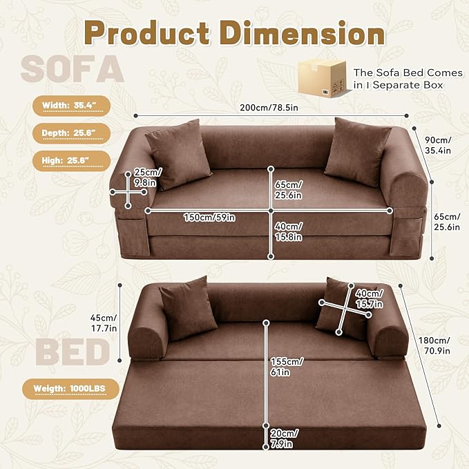 Convertible Folding Sofa Bed,78.5 Inch Faux Leather Futon Couch with Pillows & Storage Pocket,5-in-1 Queen Sleeper Sofa in a Box with Pull Out Bed,Boneless Couch for Living Room Bedroom,Brown