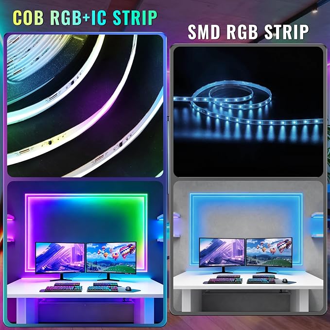 40FT RGB+IC COB LED Strip Lights, Bright Dream Color COB LED Light Strip with App & Remote Control, Color Changing, Music Sync, Dimmable for Bedroom, Kitchen, Gaming Room Home Decor （1 Roll）