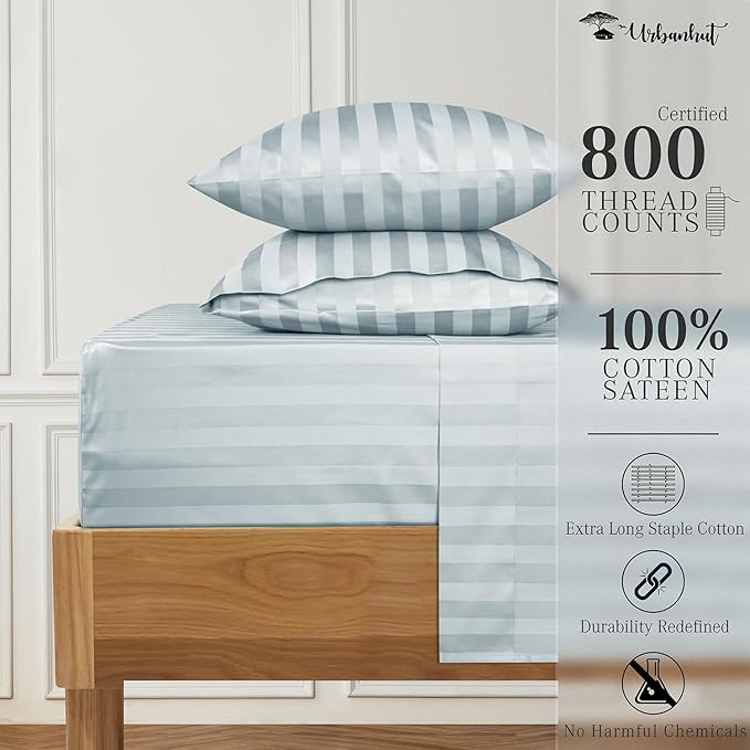 URBANHUT 800 Thread Count 100% Cotton Damask Twin Size Sheets, 4 Piece Striped Twin Size Bedsheets, Luxury Hotel Sheets Sateen Weave - Better Than Egyptian, 14" Elasticized Deep Pocket- Light Blue