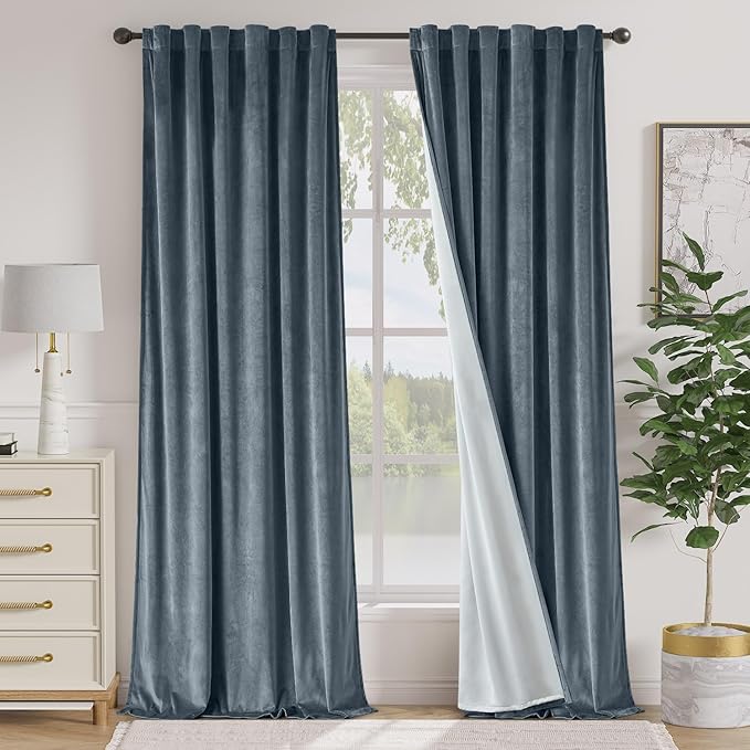 Lazzzy Blue Blackout Velvet Curtains 108 Inch Long Thermal Insulated Lined Curtain Drapes Luxury Back Tab Window Treatments for Bedroom Living Room 2 Panels, 52 x 108 Inch, Aegean Blue