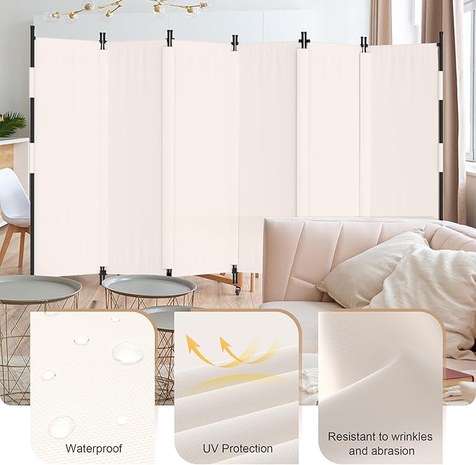 Room Divider, 6 Panel Upgraded Folding Privacy Screen, 132” Highly Secretive Separation with 4 Metal Feet, Partition Screen, Lightweight Freestanding Wall Divider Bedroom (White)