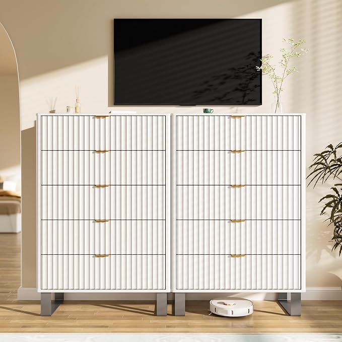 Fluted 5 Drawers Dresser, 48" H Modern Country Storage Dressers with Brushed Metal Handles, Wood Storage Organizers for Living Room, Hallway, White