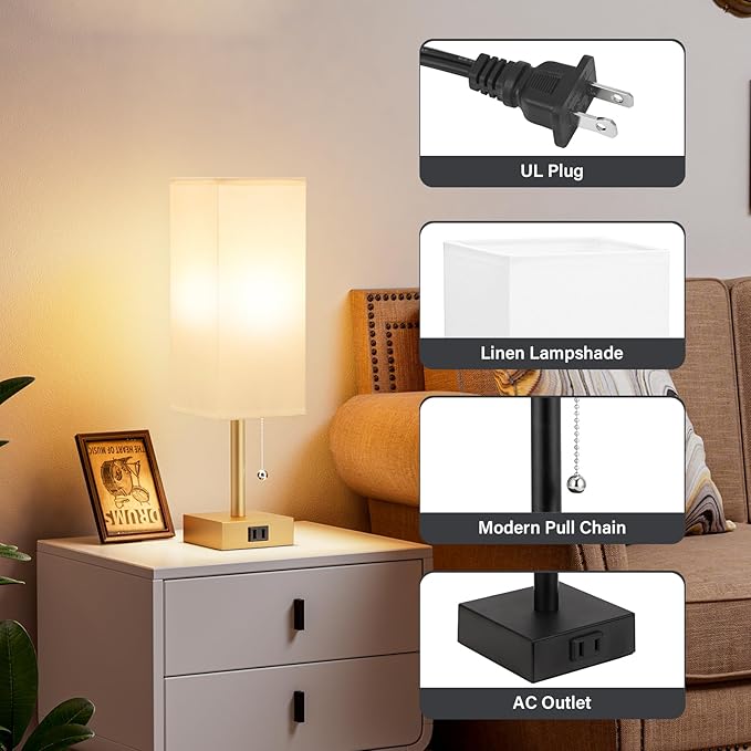 Gold Bedside Table Lamps for Bedroom - Small Nightstand Lamp Set of 2 with AC Outlet Charging Port, 3 Color Temperatures Rectangular Desk Light, Tabletop Reading Lamp for Living Room/Dorm/Office