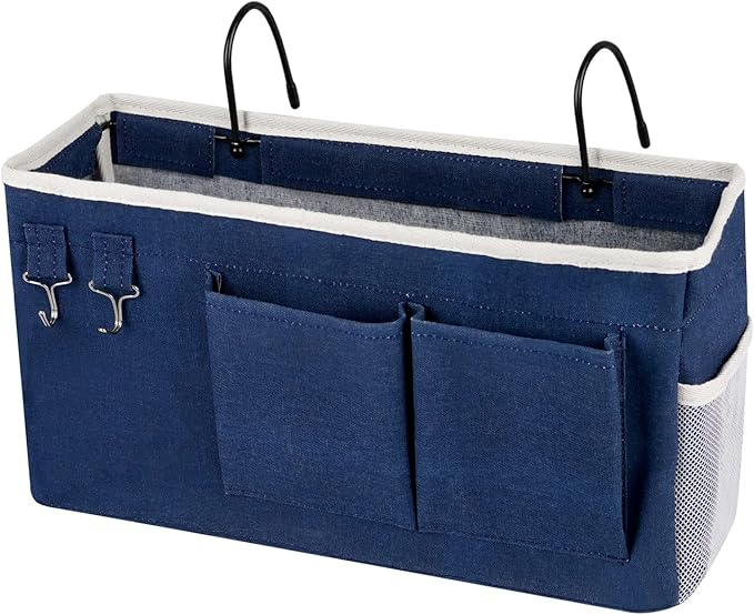 Ozzptuu Bedside Storage Caddy/Bedside Hanging Storage Bag for Headboards Bunk Beds Dorm Rooms Book Phone Magazine Holder (Navy Blue)