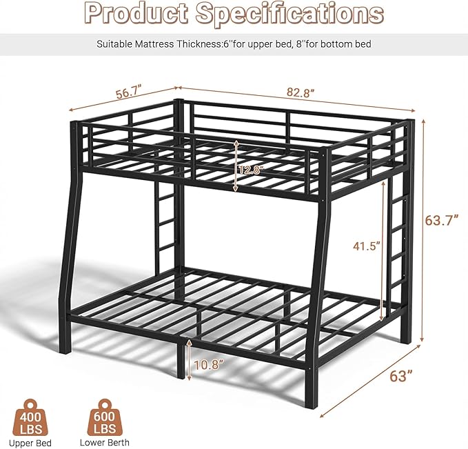 Full XL Over Queen Bunk Bed Frame, Heavy Duty Metal Loft Bed for Adults/Teens, 400/600LB Capacity w/Ladder & Guardrail, Noise-Free Steel Slats, No Box Spring Required, Black