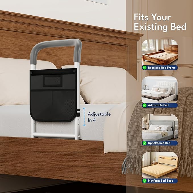 HOMEAL Bed Rails for Elderly Adults Safety, ASTM Approved Bedside Assist Rail for Seniors with Motion Sensor Light, Non-Slip Ergonomic Handle, 350 lb Tested, Fixing Strap Included (Grey)