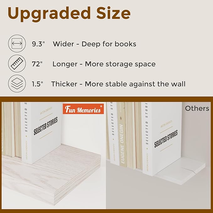 Fun Memories 72 Inch Floating Shelves for Wall, 72x9.3 Large Floating Shelf for Bedroom, Kitchen, Bathroom, Wall Mounted Rustic Wood Shelves with Invisible Bracket for Books, Decor, Brich