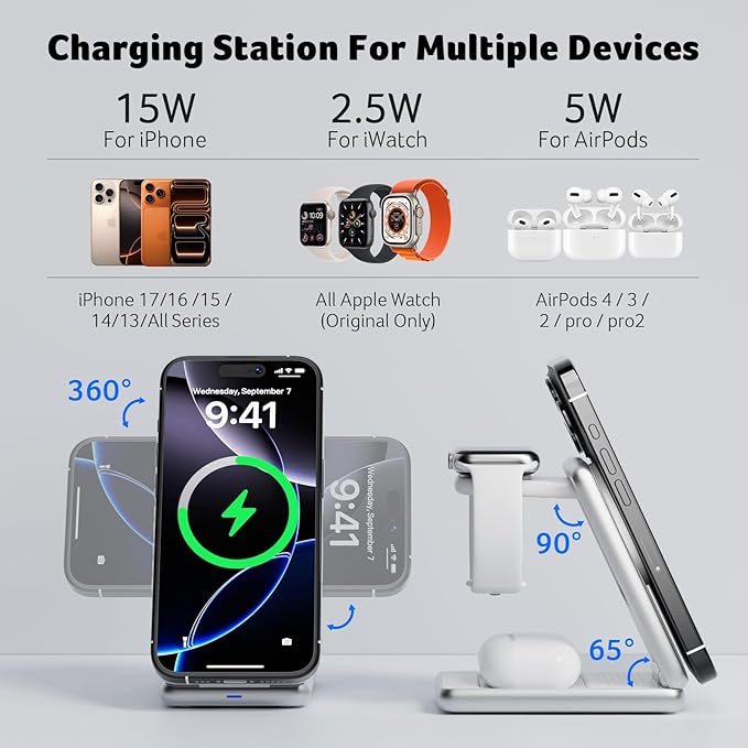Acer 3 in 1 Charging Station for iPhone, Wireless Charger Stand,15W Fast MagSafe Charger for iPhone 17 16 15 14 13 12 Series-Apple Watch 10 9 8 7 6 5 4 3 2 SE and Ultra Series-Airpods 4 3 2 Pro Series