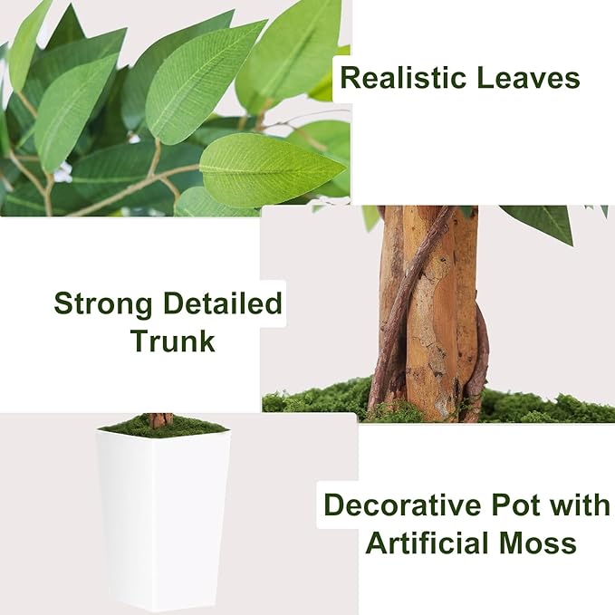 6ft Ficus Artificial Tree with 3 Natural Curved Trunks, 74" Tall Lush Faux Tree for Home Decor Indoor, Green Lifelike Fake Ficus Tree with White Planter Pot