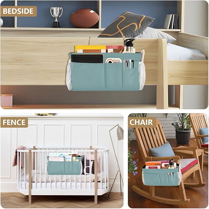 KOPIRIT Teal Bedside Caddy Storage Bag Bedside Organizer for Bunk Bed Headboards College Bedside Shelf Hanging Organizer 6 Pockets with Hooks for Glasses Book Tablet Holder