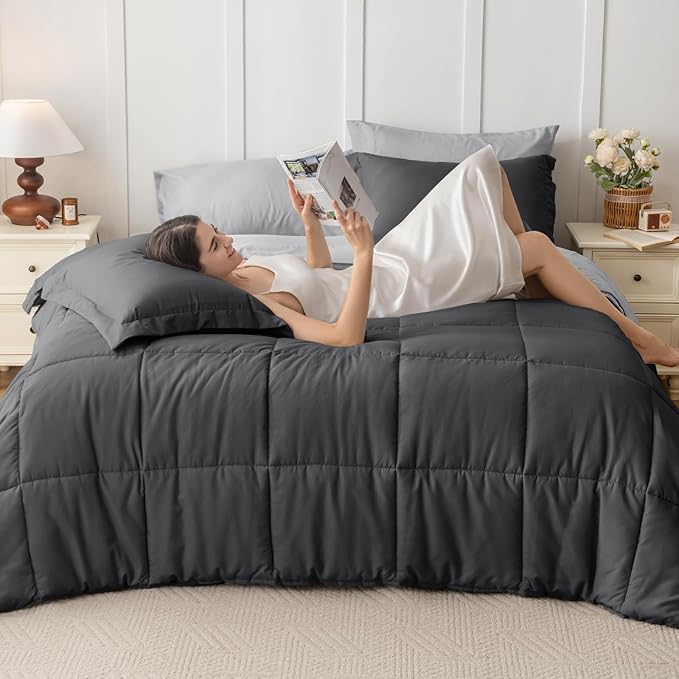 JOLLYVOGUE Twin Comforter Set, Ultra-Soft Bed in a Bag Twin Size 5 Pieces, Oeko-TEX Certified Bedding Set with Down Alternative Comforter, Sheets, Pillowcases & Shams, Dark & Light Grey
