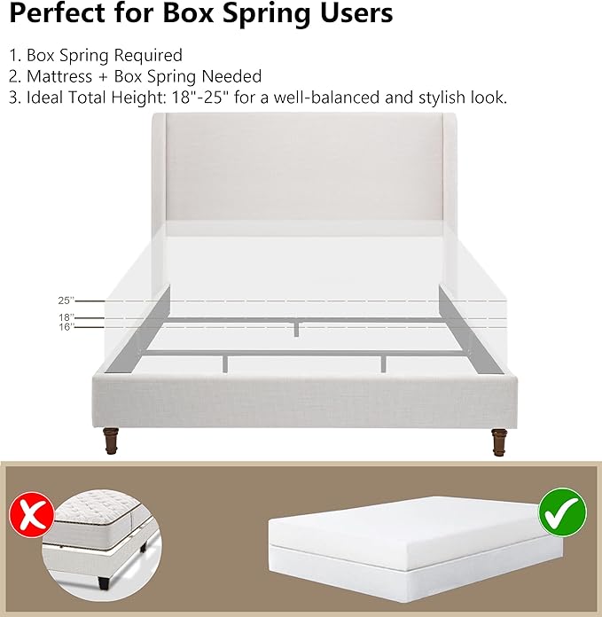 Harper Upholstered Wingback Bed Frame with 54" Extra-Tall Headboard - Modern Textured Chenille Platform Bed, Solid Oak Wood Feet, Sturdy Metal Foundation, Box Spring Required(Ivory Queen)