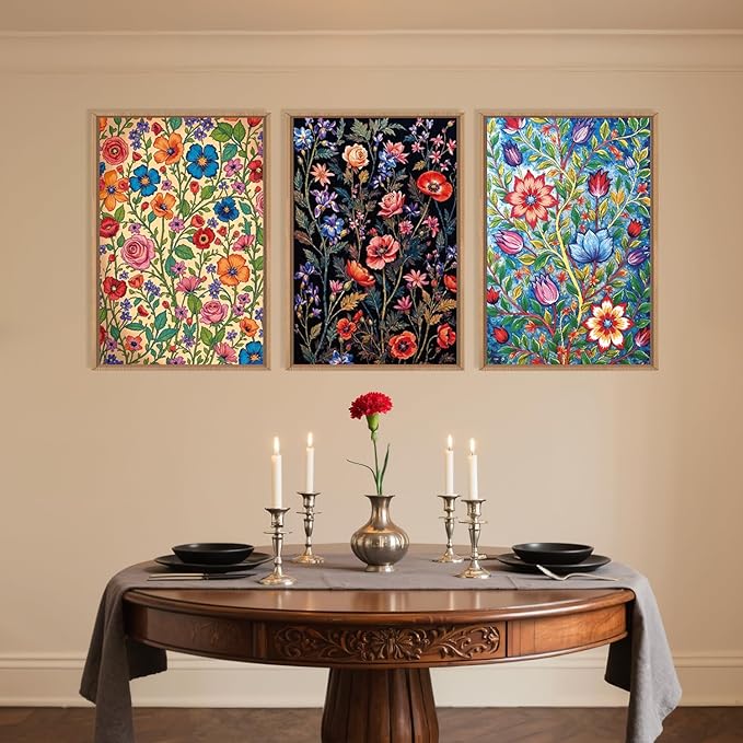 LHIUEM Large Vintage Botanical Flower Framed Canvas Wall Art,Abstract Colorful Wildflower Wall Decor,Rustic Bouquet Wall Painting,Poster Artwork for Living Room,Bedroom,Dining Room,Office -16"x24"x3