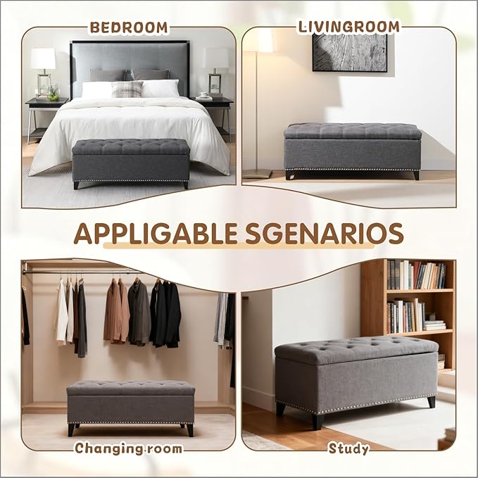 47.5” Storage Ottoman Bench, Upholstered Button-Tufted End of Bed Bench with Soft-Close Hinge & Solid Wood Legs, Foot Rest for Living Room, Bedroom, Hallway (Linen, Dark Grey)