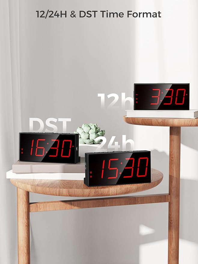 PPLEE Alarm Clock for Bedroom, Large Number Digital Clock with Dimmer for Living Room, Dual Alarms Easy to Read clock for Seniors, Electric Bedside Desk Clock with USB Charger, Digital Red LED Display