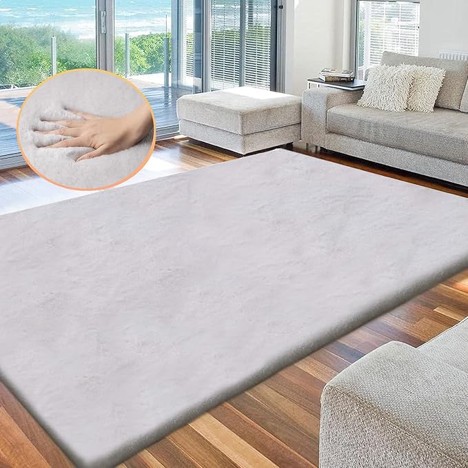 Faux Fur Rug 6x9 Plush Washable Area Rugs for Bedroom Fluffy Rabbit Fur Rug for Living Room Light Grey Rugs Teen Room Home Decor Rectangle