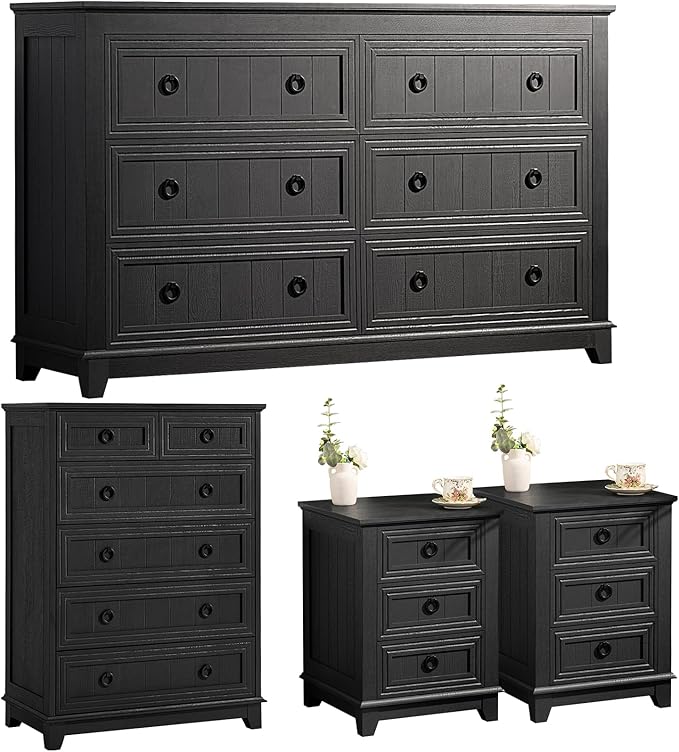 Bedroom Dresser and Nightstand Sets 4 Piece, Farmhouse 6 Drawers Dresser & 40.5" Tall Chest of Drawers, 18" Nightstands Set of 2, 54" Wide Furniture Dressers for Bedroom, Living Room, Black