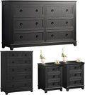 Bedroom Dresser and Nightstand Sets 4 Piece, Farmhouse 6 Drawers Dresser & 40.5" Tall Chest of Drawers, 18" Nightstands Set of 2, 54" Wide Furniture Dressers for Bedroom, Living Room, Black