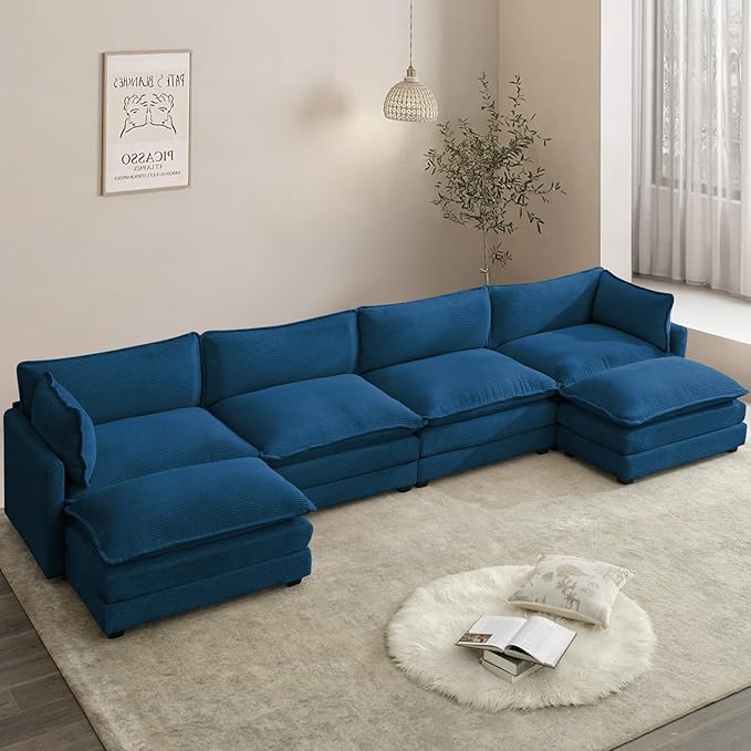 148'' Sectional Modular Cloud Couch, Oversized U Shaped 4 Seat Sofa with 2 Movable Ottomans, 2 Throw Pillows, Upholstered Corduroy U Shape Comfy Deep Couches for Living Room and Office, Blue