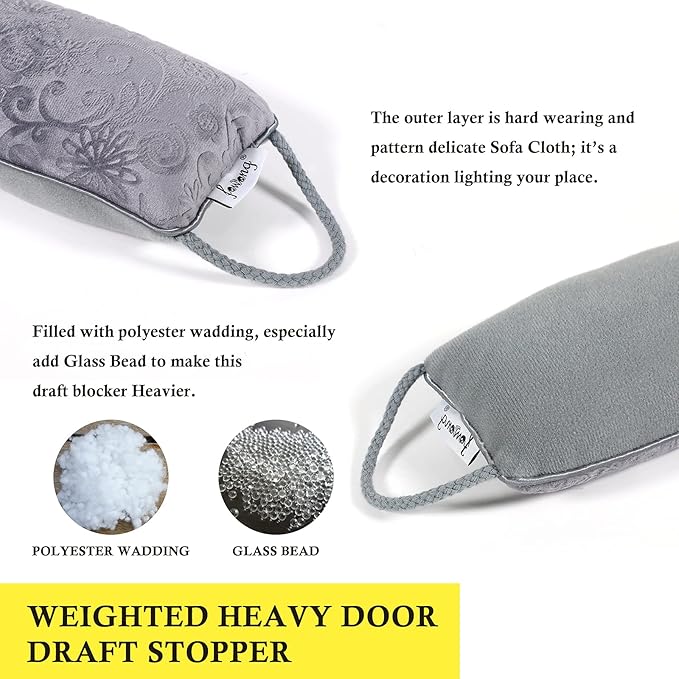 fowong Door Draft Stopper 38 Inch Weighted Under Door Draft Blocker Soundproofing Guard Wind Blocker with Hook Tapes for Easy Install, Grey