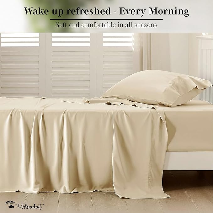 URBANHUT 800 Thread Count 100% Cotton Twin Size Sheets, Luxury 4 Piece Twin Bedsheets, Hotel Sheets Sateen Finish - Better Than Egyptian, 14" Elasticized Deep Pocket - Sand