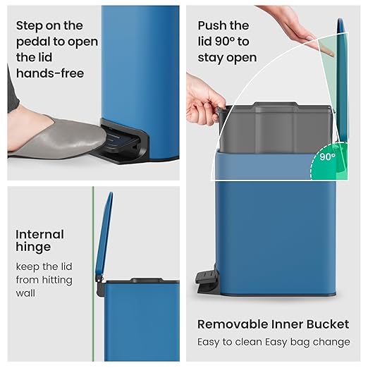 Cesun Small Bathroom Trash Can with Lid Soft Close, Step Pedal, 6 Liter / 1.6 Gallon Stainless Steel Garbage Can with Removable Inner Bucket, Anti-Fingerprint Finish (Blue)