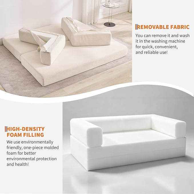 Garvee 5-in-1 Convertible Sofa Bed, 78.8" Modular Corduroy Sleeper with Sturdy Frame & No Assembly, Multi-Functional Futon for Small Space, Living Room & Guest Room (Beige)