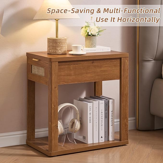 LEYAOYAO Narrow Side Table with Charging Station, 24x14''Rattan Night Stand with Drawer Storage, Brown Bedside End Table with Metel Handle for Small Spaces Wood Boho Nightstand for Living Room Bedroom