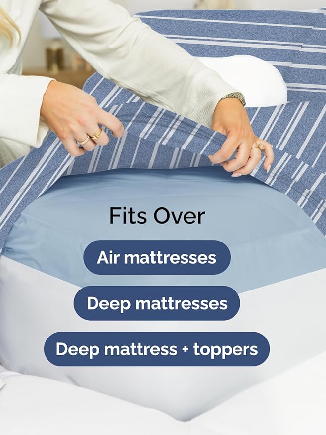 Extra Deep King Sheet Set - 6 Piece Breathable and Cooling Sheets - Hotel Luxury Bed Sheets Set - Easy Fit - Soft, Wrinkle Free and Comfy Sheets Set - Blue Striped Sheet Set with Extra Deep Pockets