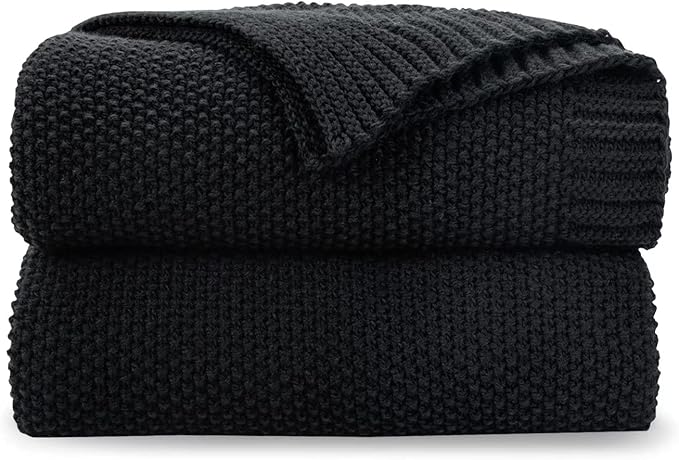 CozeCube Black Throw Blanket for Couch, Soft Cozy Cable Knit Throw for Bed Sofa Living Room, Lightweight Warm Decorative Farmhouse Christmas Blanket, 50"x60", Jet Black
