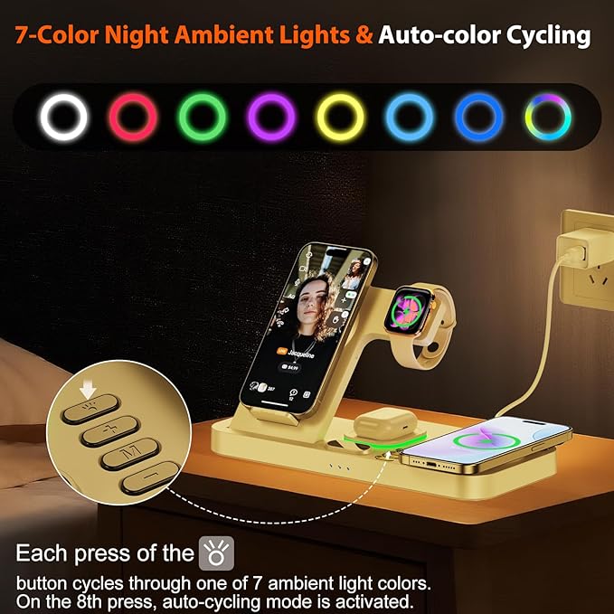 Dual Phone Magnetic Wireless Charging Station for Apple Devices/Apple Ecosystem,with Auto-Switch 7-Color Light & Clock, Compatible with iPhone 17/16/15, for iWatch 11/10/9 & AirPods Pro3（White