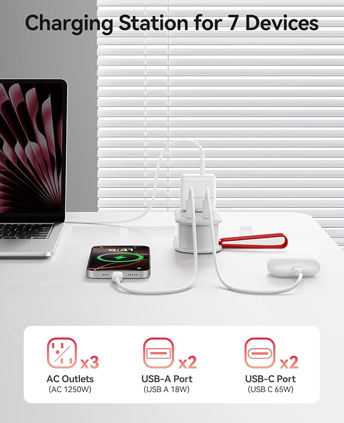 ORICO 65W USB Travel Power Strip, 7 in 1 Charging Station with 3AC, 2 USB-A, 2 USB-C, Flat Plug and 4ft Thin Extension Cord, Fast Charger for MacBook, iPad, iPhone 17/16/15 - TK65