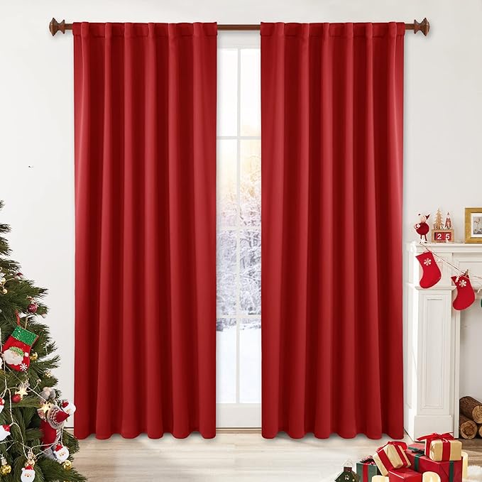 Deconovo Christmas Blackout Curtains, Thermal Insulated, W52 x L63 2 Panels, Back Tab, Machine Washable, Room-Darkening Drapes for Bedroom/Living Room Red
