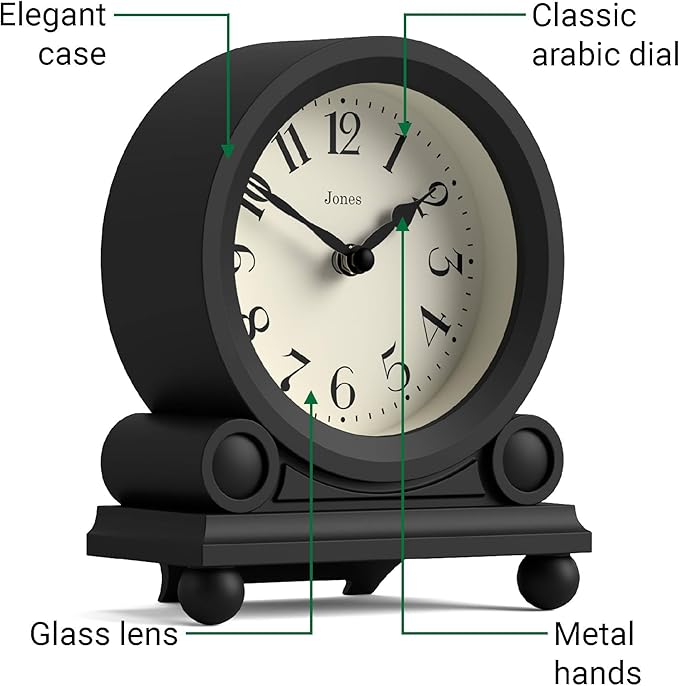 JONES CLOCKS® Maida Vale Mantel Clock | Small Traditional Desk Clock | Black | Pretty & Charming Ideal for Mantelpiece, Bookshelf or Bedside