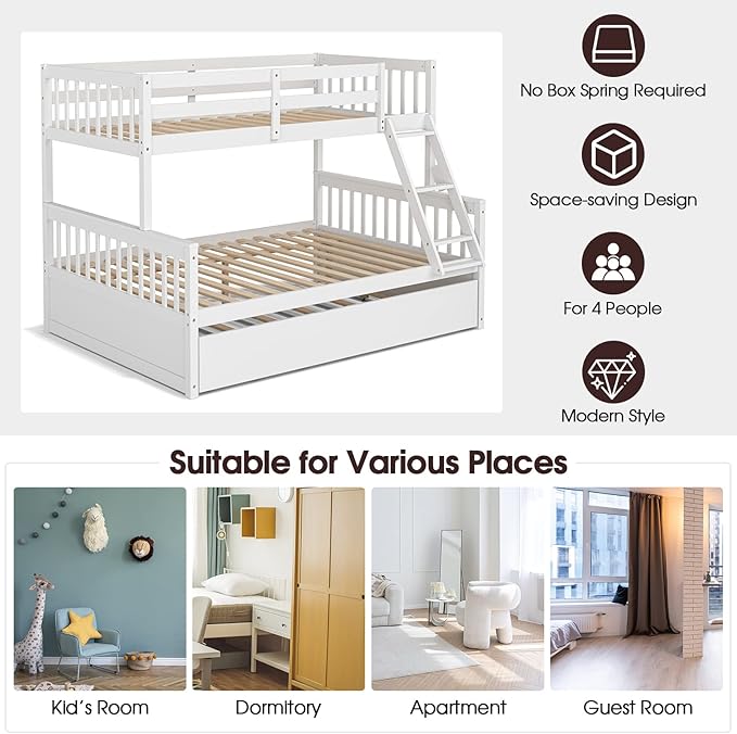 Giantex Twin Over Full Bunk Bed with Trundle, Convertible Platform Bed Frame with Ladder, Solid Wood Frame & Safety High Guardrails, Space-Saving Bunk Bed for Teens & Kids, No Box Spring Needed, White