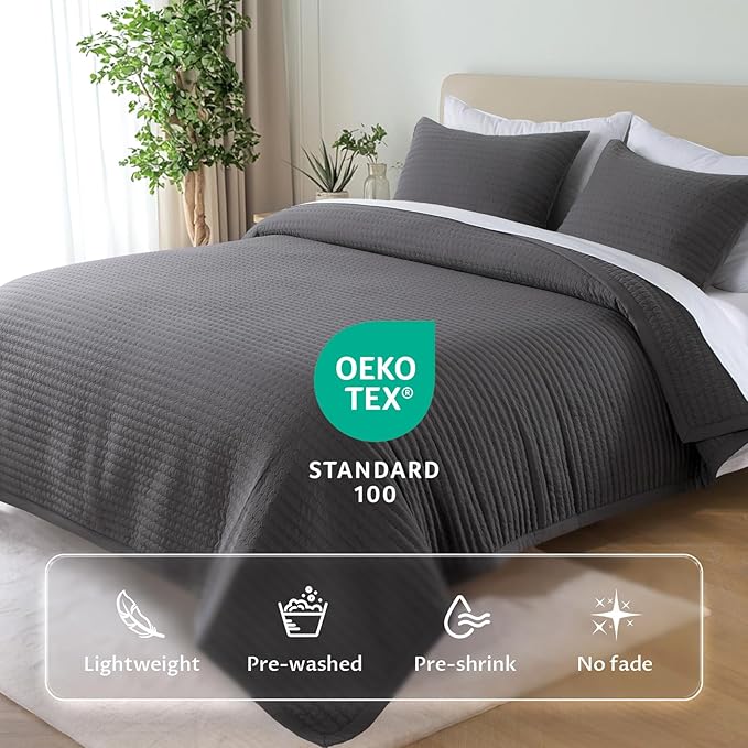 KASENTEX Queen Quilt Set 90"x90" – Soft Washed 3-Layer Lightweight Bedspread, Minimalist Nordic Design, All-Season Spring & Summer Quilt Set (1 Quilt + 2 Pillow Shams),Tornado Dark Grey