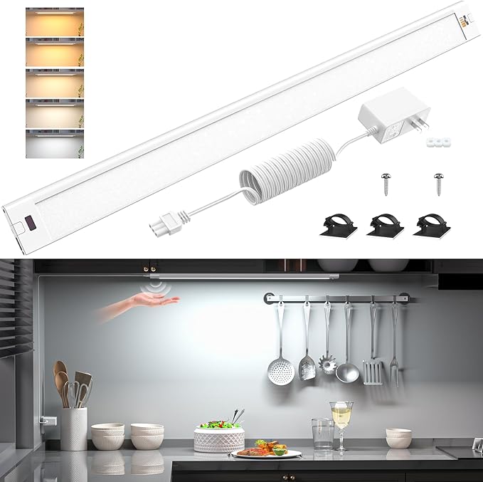 WOBANE 16.5 inch Under Cabinet Lighting,5 Color Settings,Under Counter Lights for Kitchen,Hand Wave Activated,Touchless for Cabinet,Shelf,Under Desk,Color Tunable 2700K to 6000K,Dimmable,White,1000LM