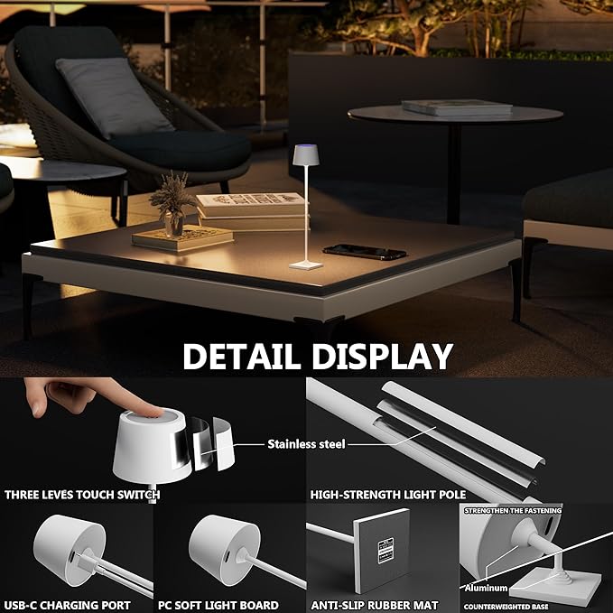 Modern LED Color-Changing Cordless Table lamp, 7 Colors, metal Shade, Touch control with sleep mode for Restaurant, Bedroom, Outdoor Camping, Coffee Shop, Night Light, Rechargeable (White 1PACK)